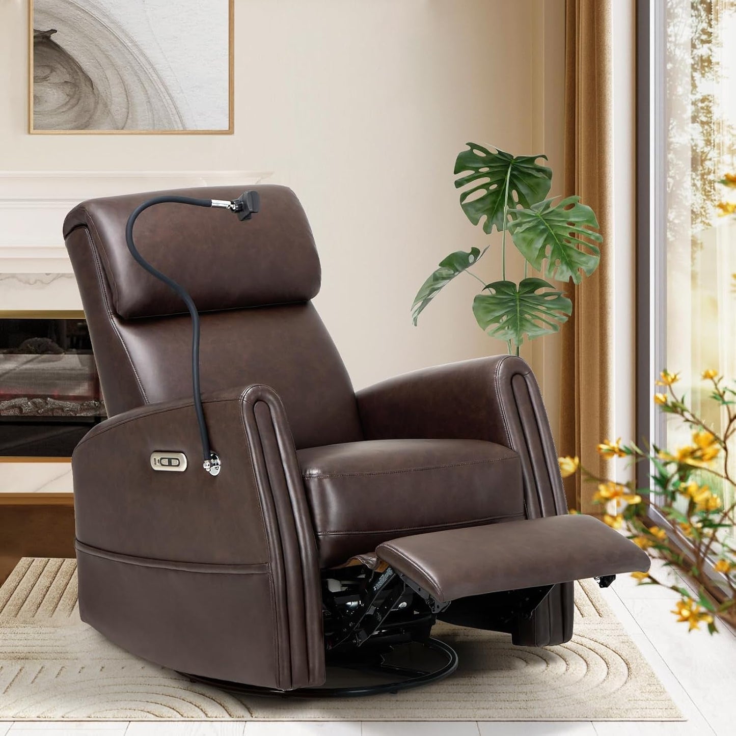 Power Recliner Chair Swivel Glider Rocker for Nursery, Upholstered Faux Leather Living Room Rocking Reclining Single Sofa Chair with 2 Device Holders, Chocolate-0
