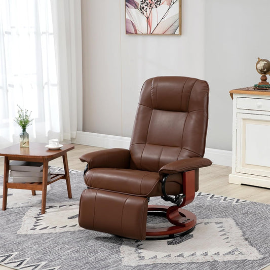 Faux Leather Manual Recliner, Adjustable Swivel Lounge Chair with Footrest, Armrest and Wrapped Wood Base for Living Room, Brown-1
