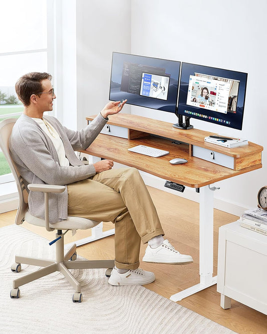 48″ X 24″ Electric Standing Desk with 2 Drawers, C-Clamp Mount Compatible, Height Adjustable Computer Desk, Home Office Stand up Desk with 4 Preset Heights & 2 Hooks, Light Vintage-1