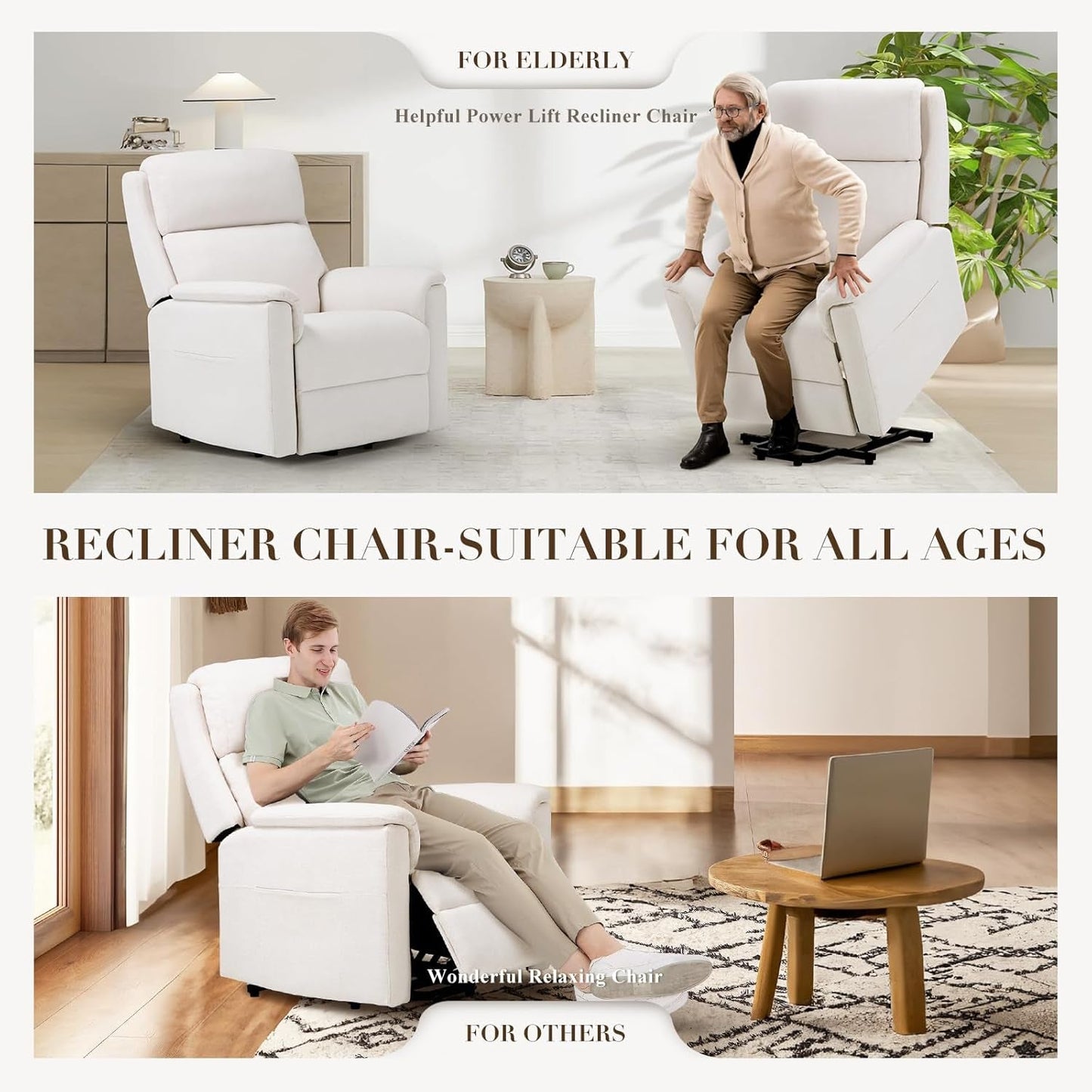 Power Lift Recliner Chair for Elderly-Electric Lift Chair Remote Control, Ergonomic Fabric Recliner Chair Single Sofa Chair with Side Pocket-White-4
