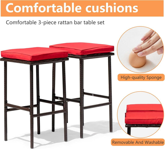 Rattan Bar Set 3Pcs Patio Wicker Bistro Set Sturdy Frame Bar Height Table with Glass Table Top Storage Shelves 2 Bar Stools for Patio Poolside Porch Outdoor Indoor, Khaki (Red)-1