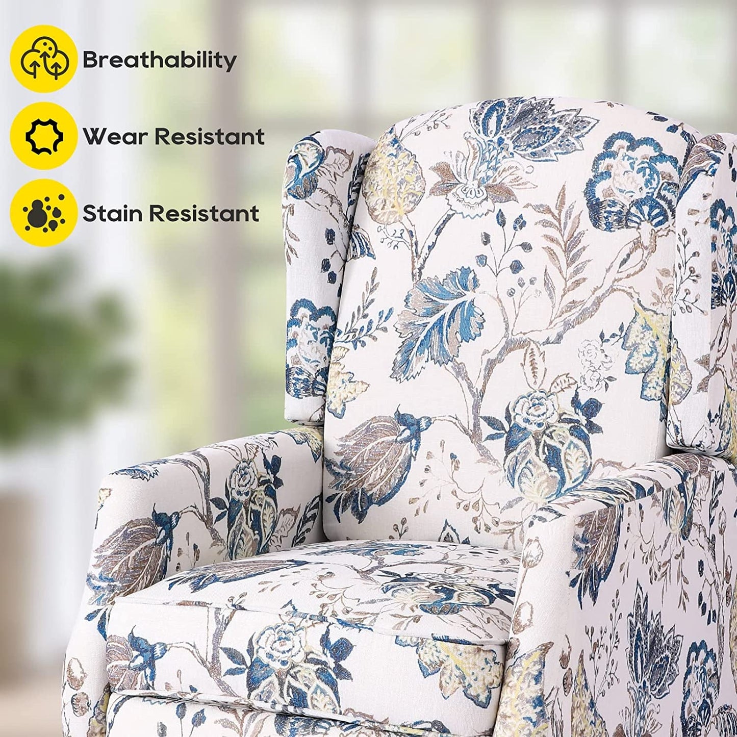 Upholstered Wingback Recliner Chair, Padded, Blue Floral-4