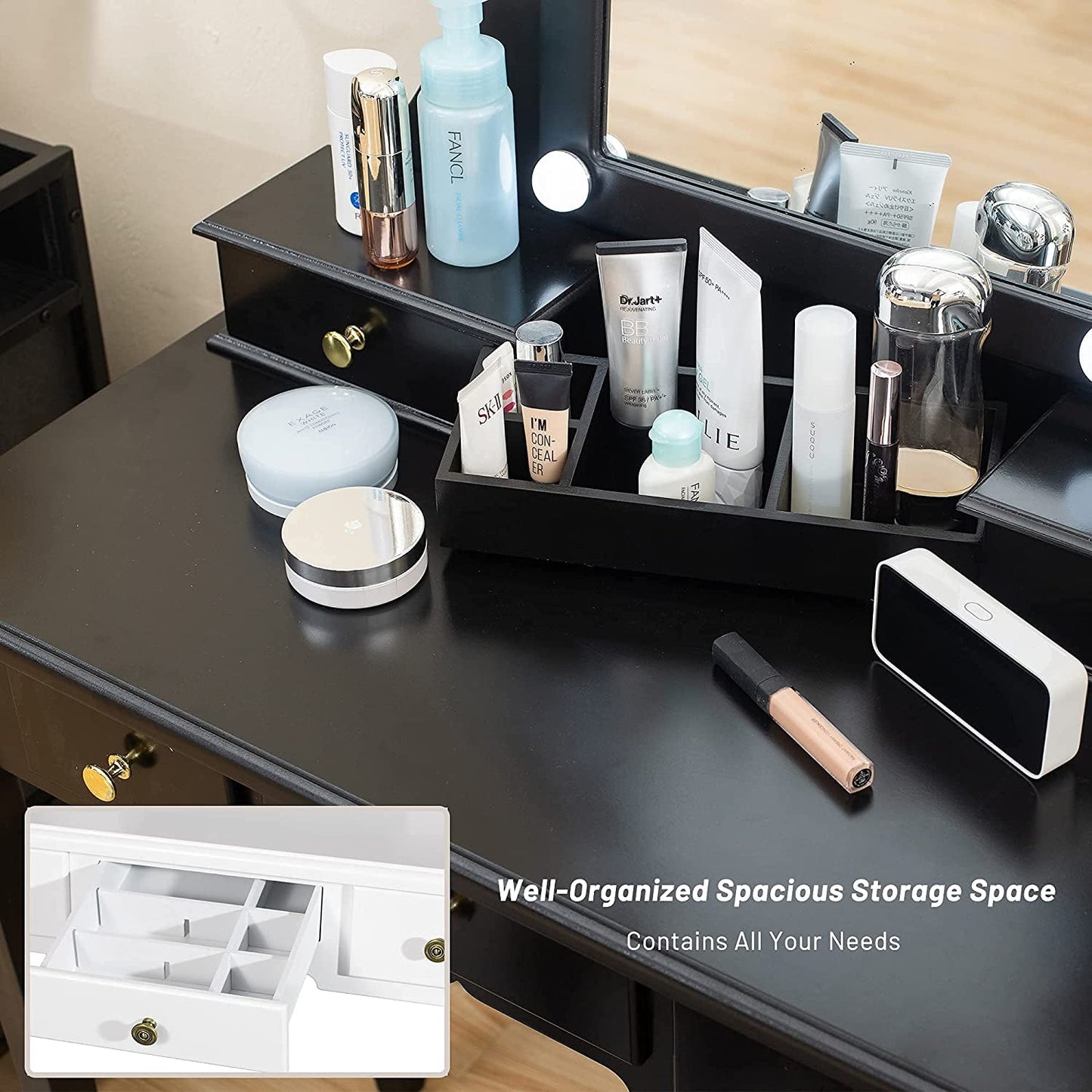Black Vanity Set with Lighted Tri-Fold Mirror-3