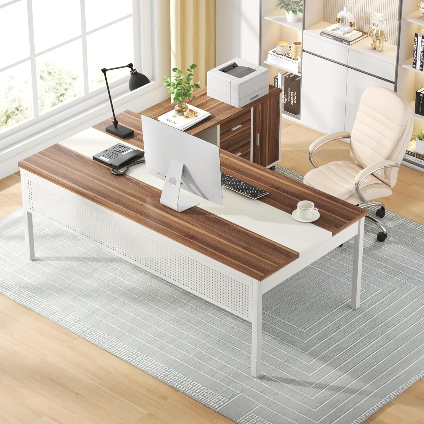 70.8" Large Executive Office Desk and 47" Lateral File Cabinet Combo, L-Shaped Computer Desk 2 Piece Business Furniture with Drawers and Shelves, Home Office Workstation, Walnut & White-2