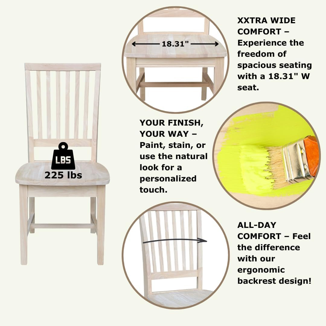 Set of 2 Mission Side Chairs 39.2"H, Solid Parawood Kitchen Dining Furniture, Stylish Comfortable Chairs for Dining Room, Paint or Stain to Match Your Decor, Unfinished-4