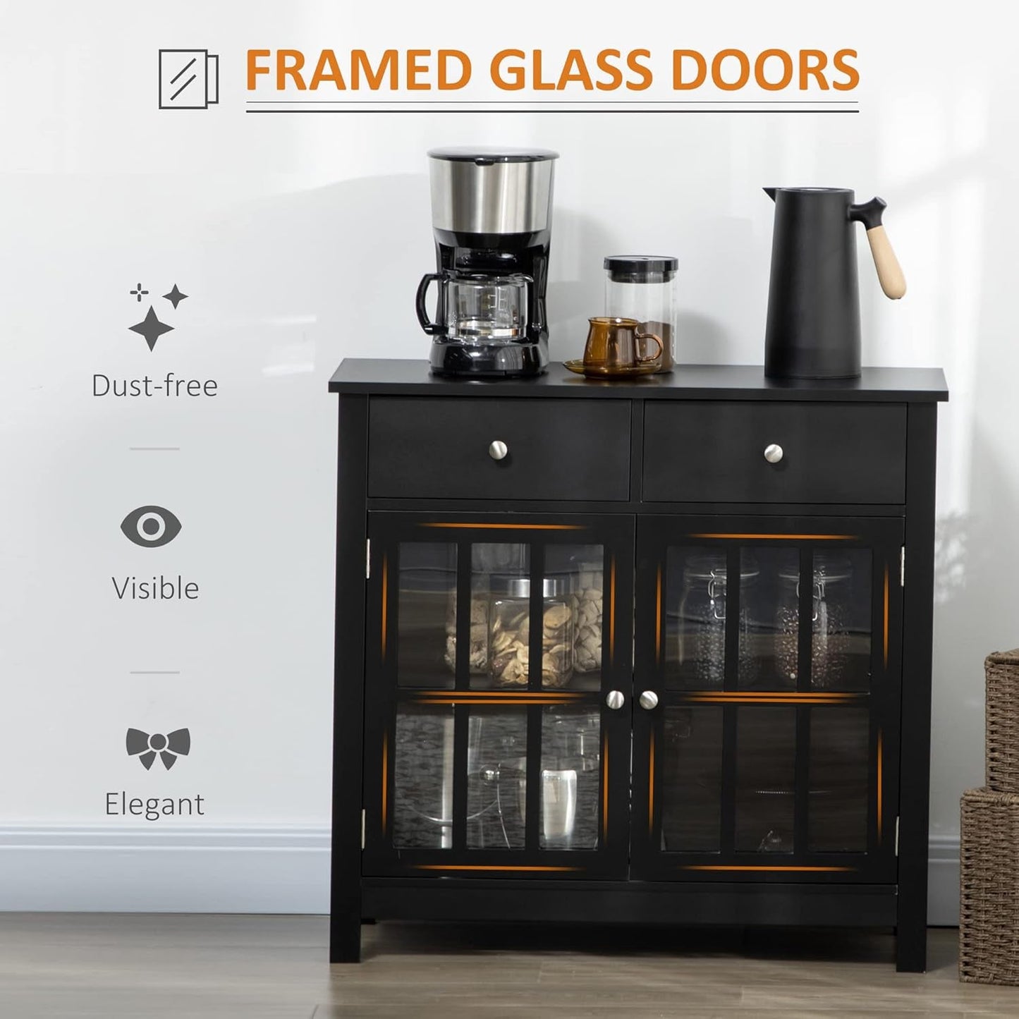 Sideboard Buffet Cabinet, Accent Kitchen Cabinet with Glass Doors, Adjustable Shelf and 2 Drawers for Kitchen, Black-4