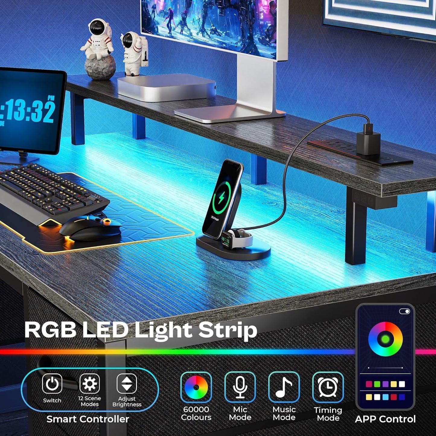 47 Inch Computer Desk with 4 Drawers, Gaming Desk with LED Lights & Power Outlets, Home Office Desk with Large Storage Space for Bedroom, Work from Home, Grey-3
