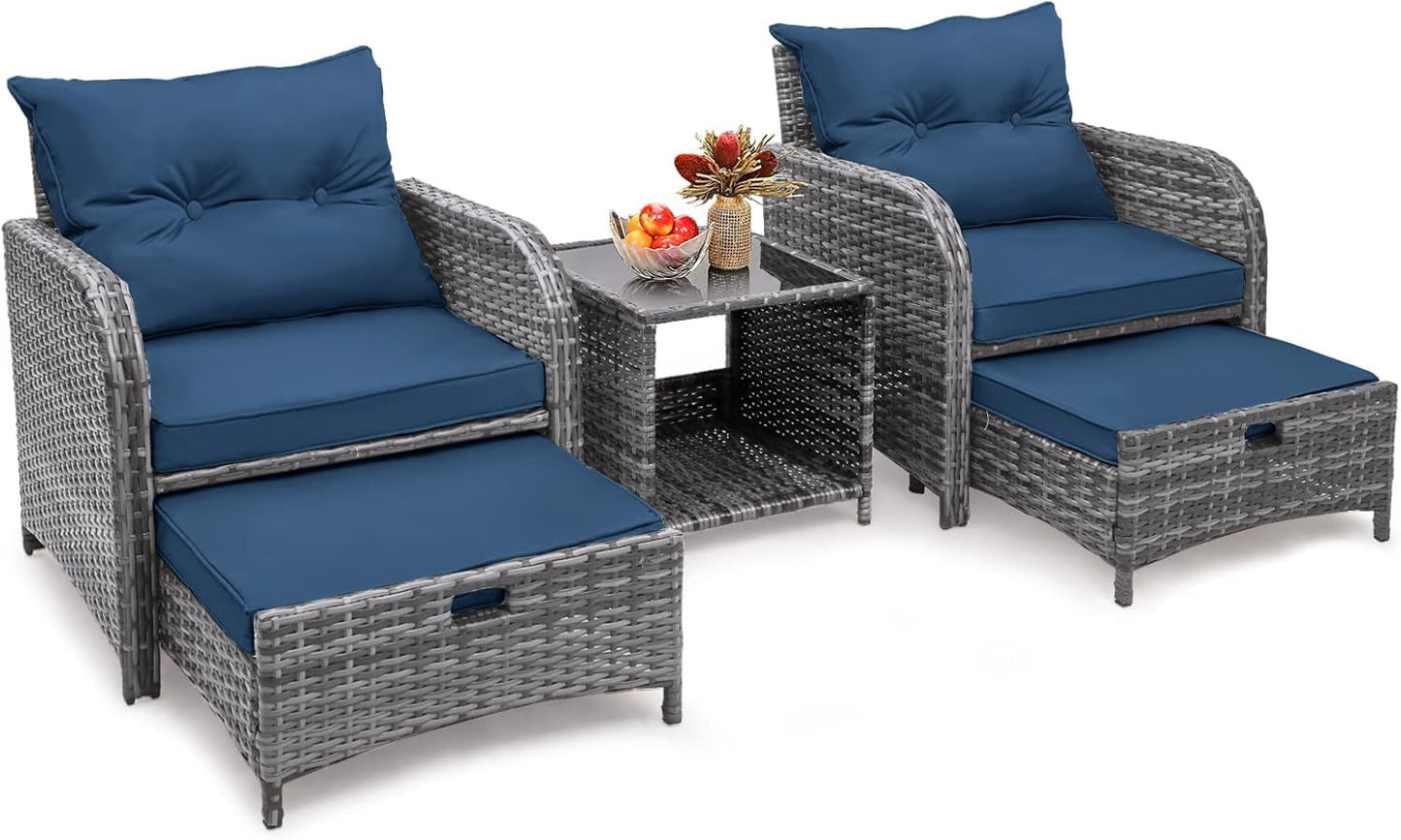 5 Pieces Wicker Outdoor Patio Chairs Set with Ottoman, All Weather PE Rattan Patio Conversation Furniture Set Outdoor Furniture Set with Hidden Ottoman for Poolside Garden Balcony, Blue-2