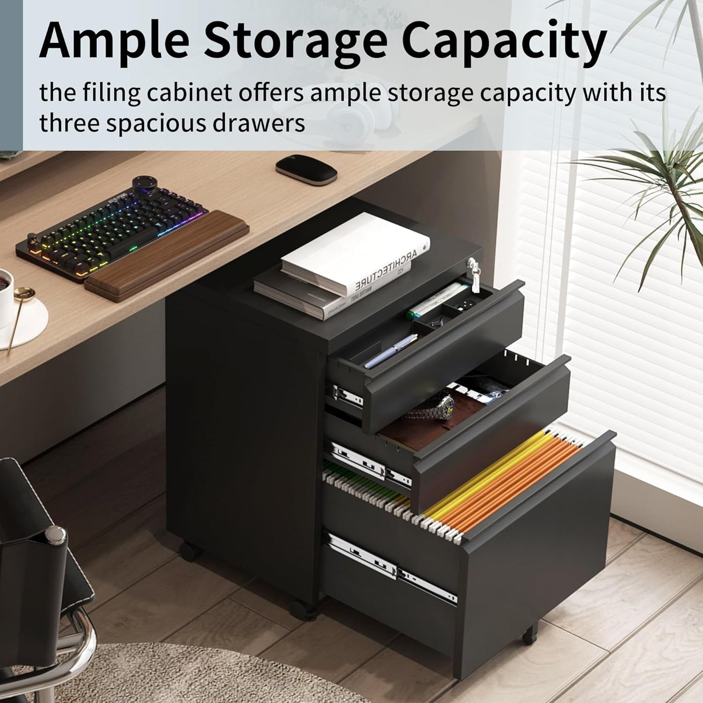 3 Drawer File Cabinet for Home Office, under Desk Mobile Filing Cabinet with Lock for A4-Size/Letter-Size/Legal-Size, Black (HSEJ-3D)-4