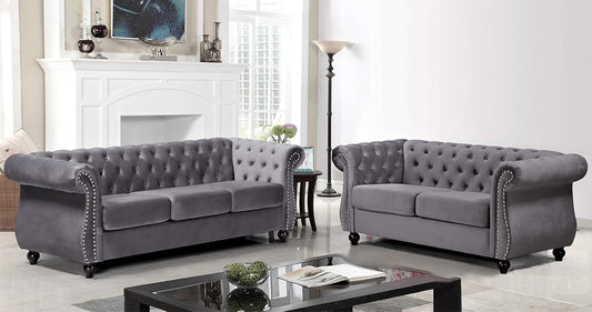 Modern Gray Velvet Chesterfield Loveseat-1