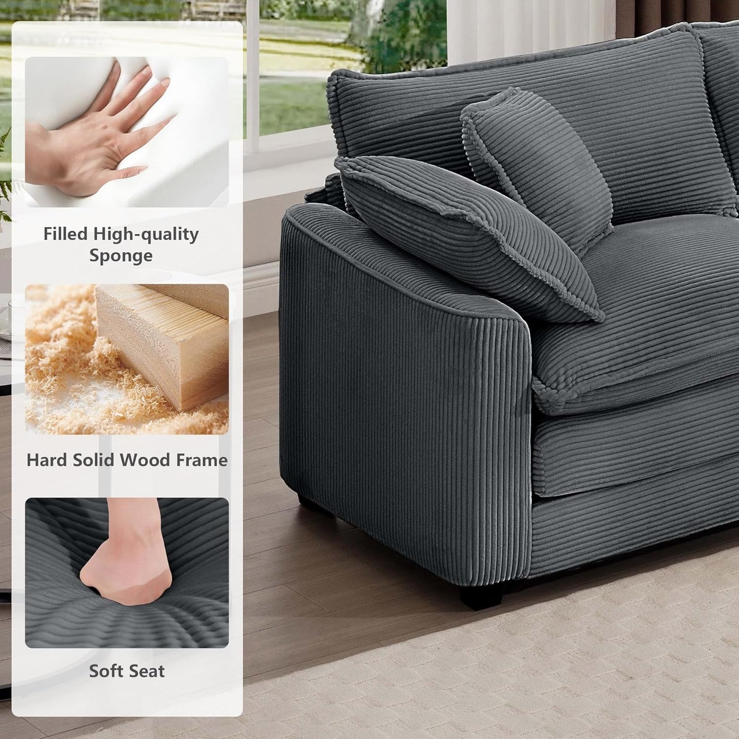 Oversized 2 Piece Sofa Set for Living Room, 3-Seater & Loveseat Couch, Modular Sectional Deep Seat Corduroy Comfy Cloud Couches with 4 Armrest Pillows and 5 Toss Pillows, Grey-4