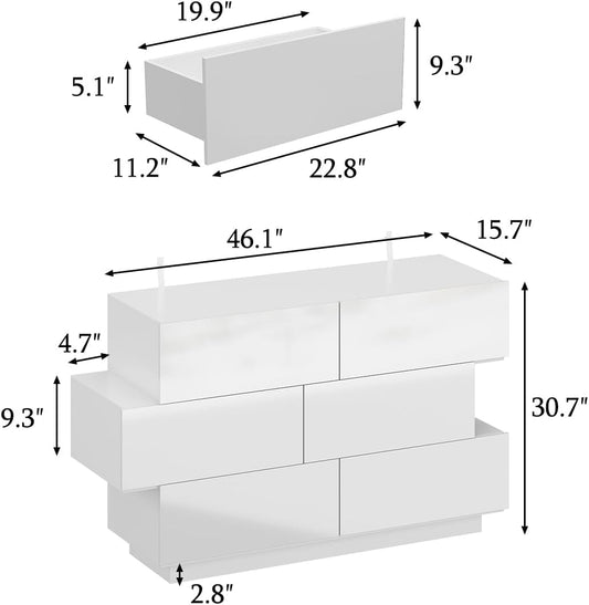 White Drawer Dresser for Bedroom, Modern High Gloss Dresser with 6 Drawers, Double Dresser Storage Chest of Drawer with Asymmetrical Design for Bedroom, Living Room, Entryway-1