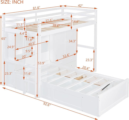 Twin Bunk Bed with Drawers, Wood Twin over Twin Bunk Bed with Wardrobe, Storage Shelves and Hydraulic Bed, White-1
