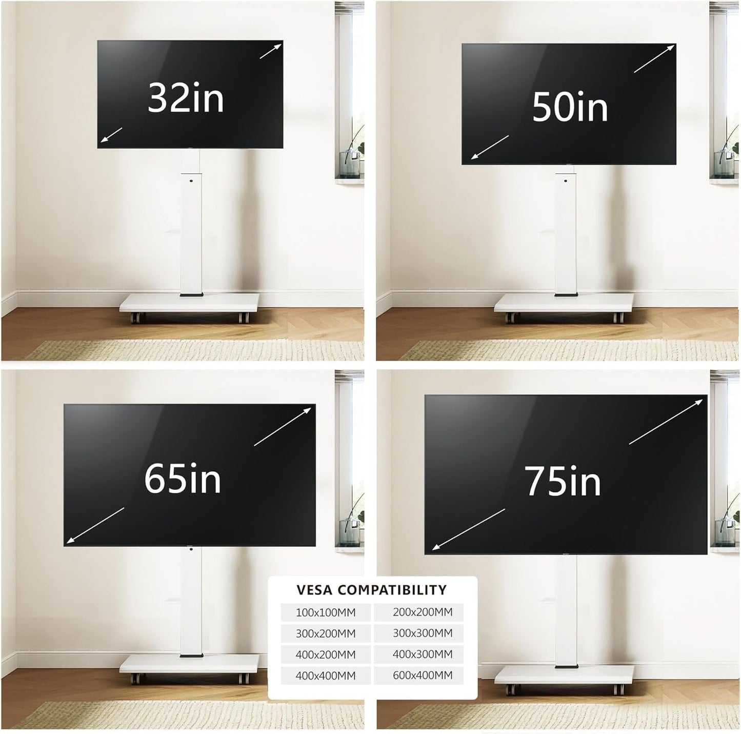 Rolling TV Stand - Portable Mobile TV Cart on Wheels for 32 to 65 70 75 Inch Tvs, Landscape to Portrait Rotating and 40°Swivel, Height Adjustable TV Cart Rolling TV Stand Hold up to 88 Lbs-4