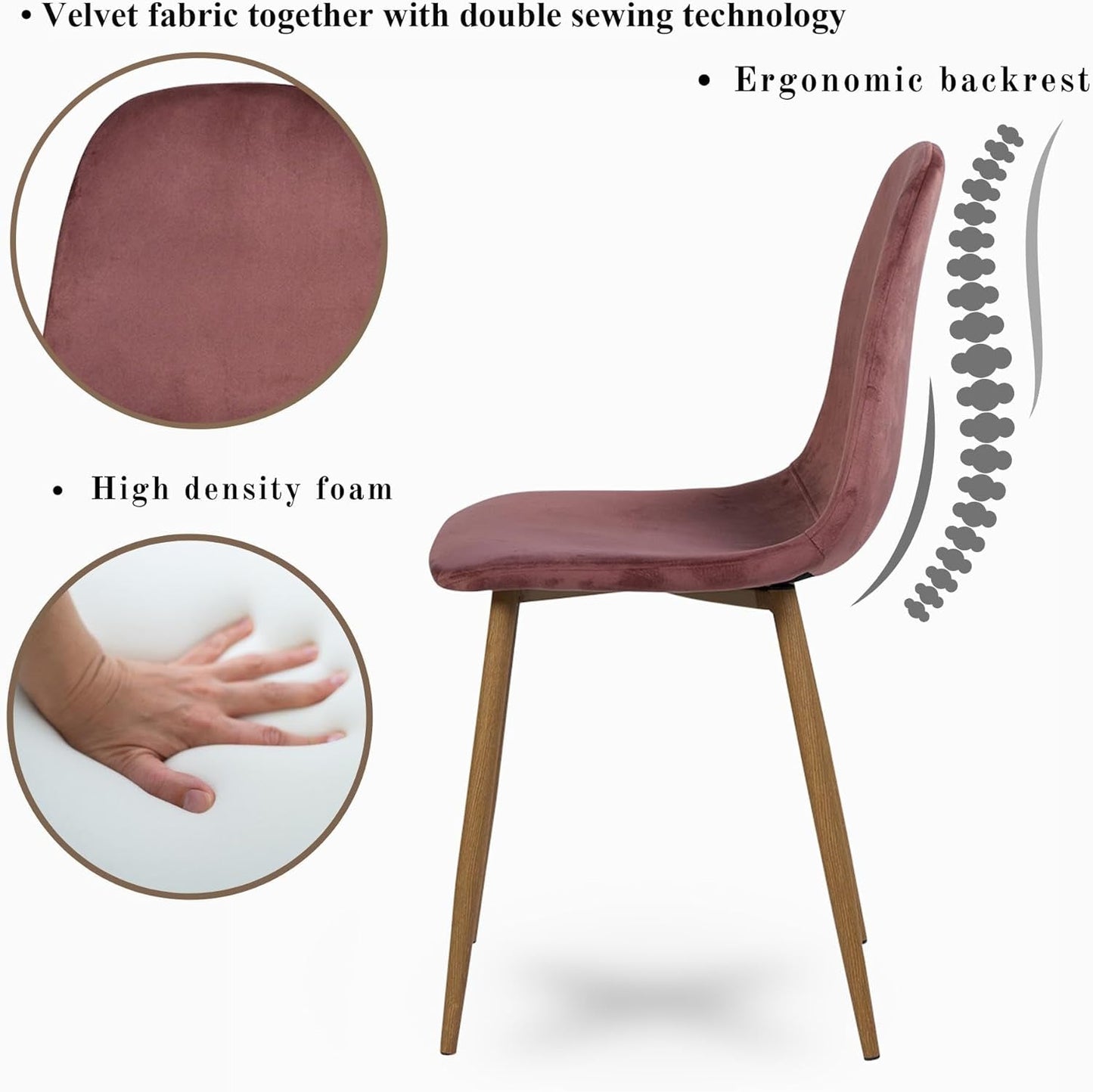 Mid-Century Modern Upholstered Dining Chairs Set of 4, Kitchen Chairs with Metal Legs for Dining Room, Velvet Seat Side Chair for Living Room, Rose-4