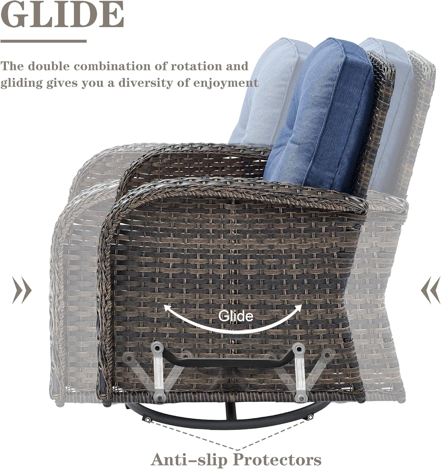 Small Conversation Sets Patio Funiture - 5 Piece Outdoor Swivel Rocker Wicker Furniture Sets with Ottomans Side Table Perfect for Patio Deck Backyard, Brown Wicker Blue Cushion-4