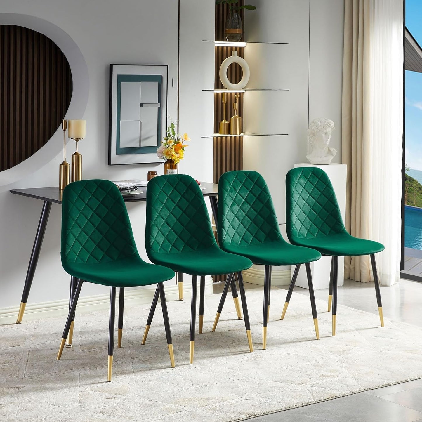 Velvet Dining Chairs Kitchen Plain Color Chair Upholstered Side Stools with Backrest Metal Legs Set of 4, Kelly Green-4