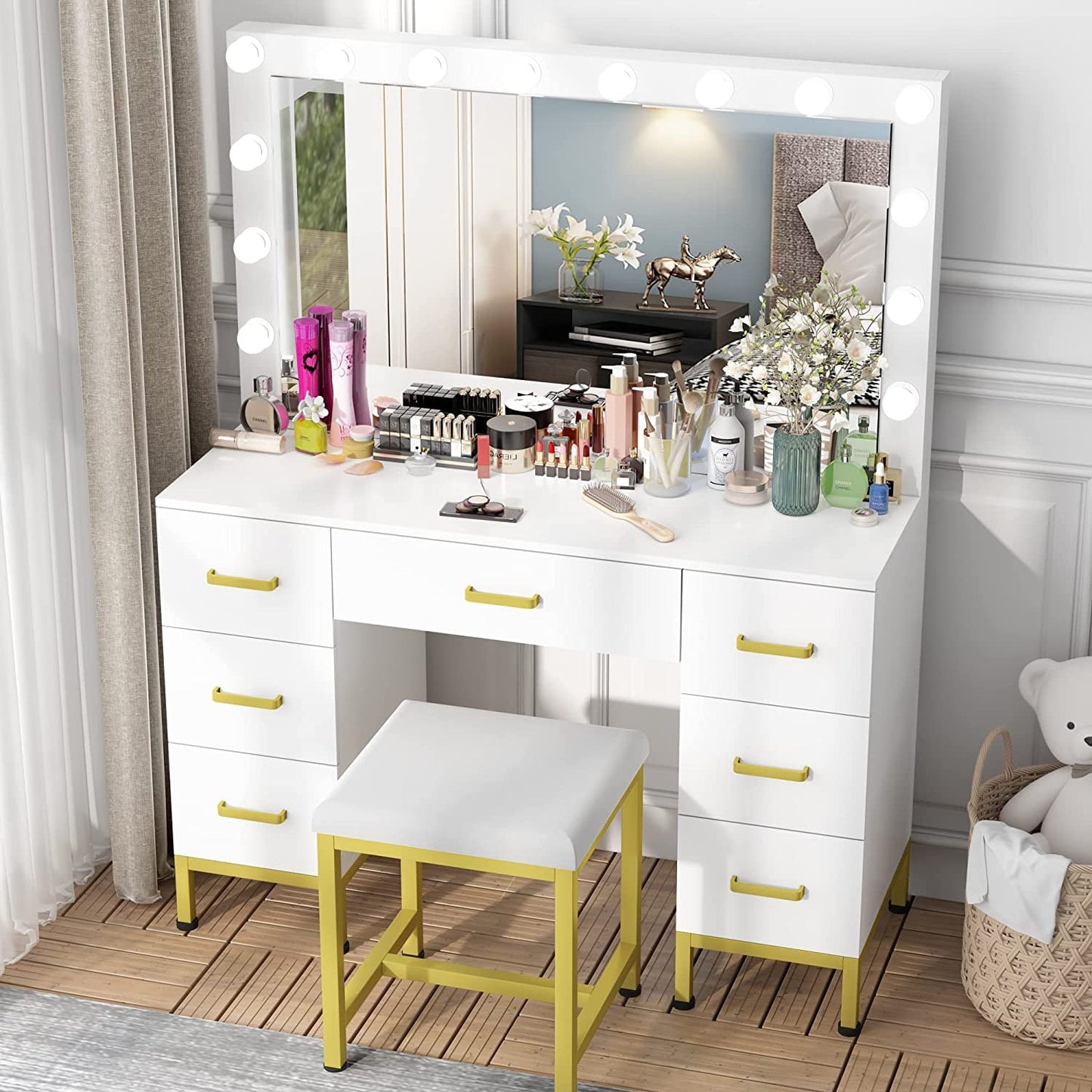 White Vanity Desk Set with Lighted Mirror-3