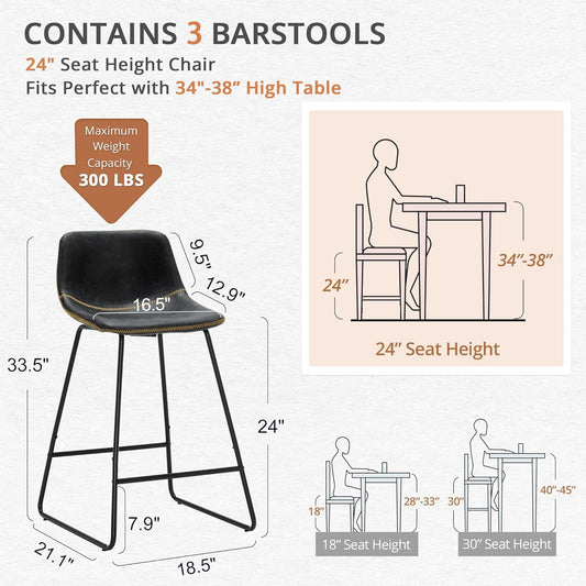 Bar Stools Set of 3, 24" ALX Faux Leather Barstools, Modern Counter Height Stools with Back and Metal Legs, Armless Counter Chairs for Kitchen Island, Black-1