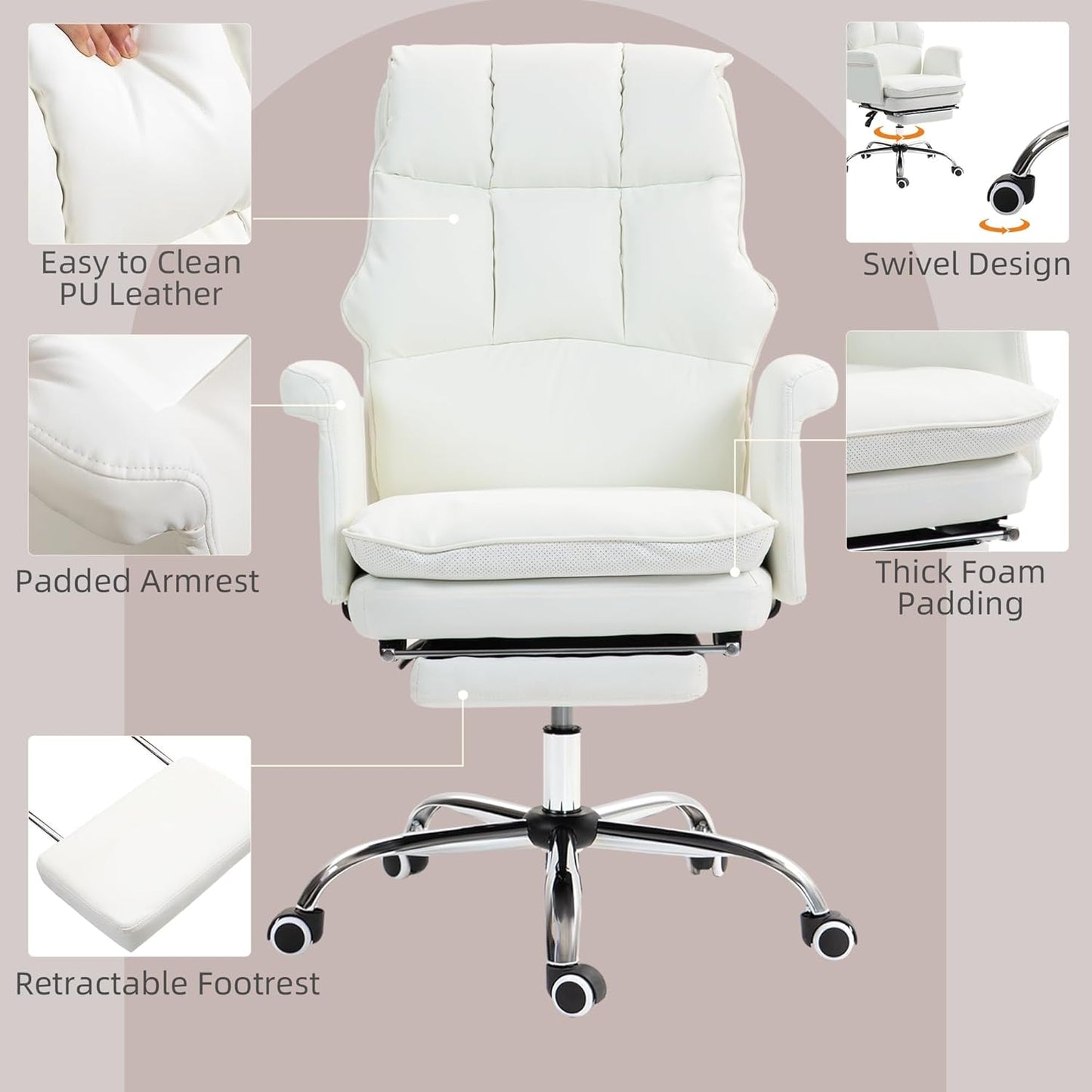 Executive Office Chair, PU Leather Ergonomic Office Desk Chair with Footrest, Reclining and Swivel Chair, White-4