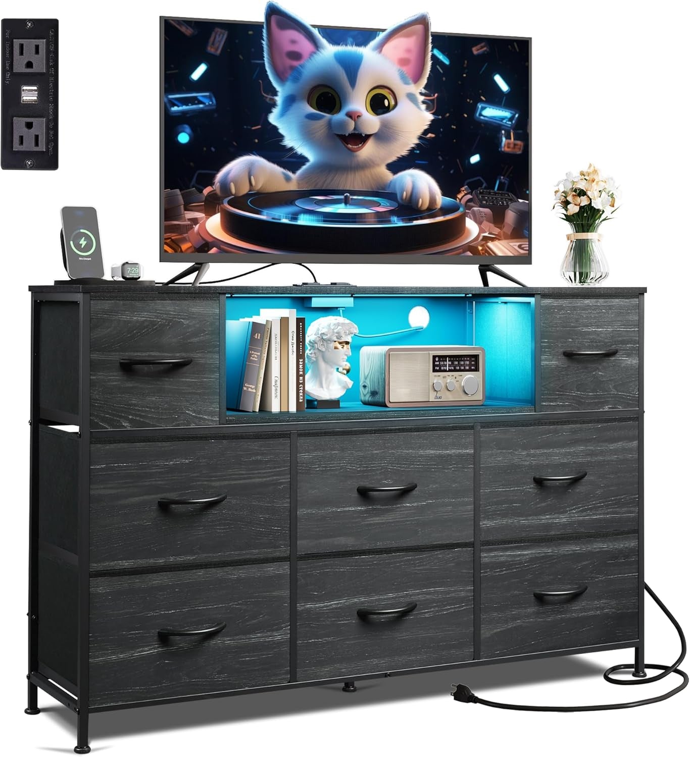 Black Dresser for Bedroom, TV Stand for Bedroom for 55 Inch TV with Charging Station and LED Lights, Fabric Chest of Drawers with Open Shelves, 8 Drawers Dressers for Living Room, Closet-0