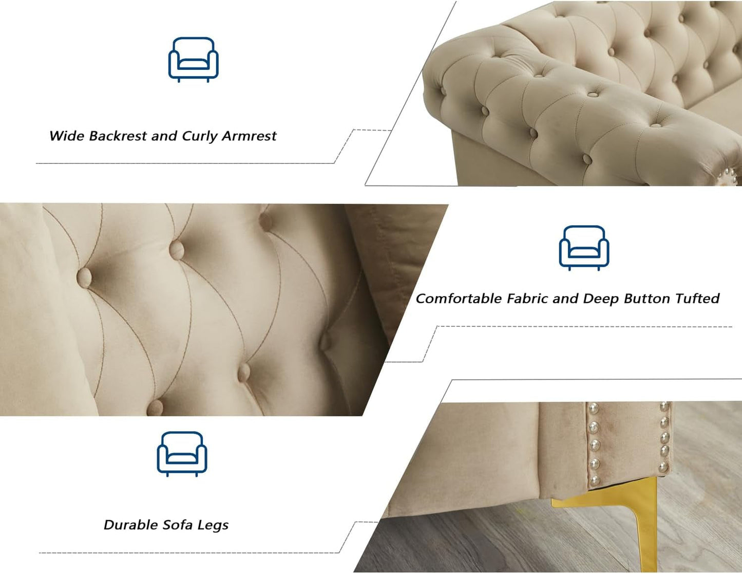 3 Piece Living Room Set, Mid-Century Style Sofa,Button Tufted Armchair Loveseat Couch with Square Pillows and Nailhead Trim for Living Room Beige-2