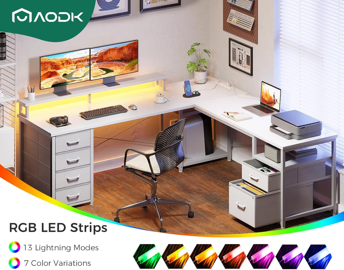 66" L Shaped Computer Desk, 113“ Reversible Home Office Desk with File Cabinet & 4 Fabric Drawers, Two Person Desk with LED Lights & Power Outlet, Corner Gaming Desk with Monitor Shelf, White-4