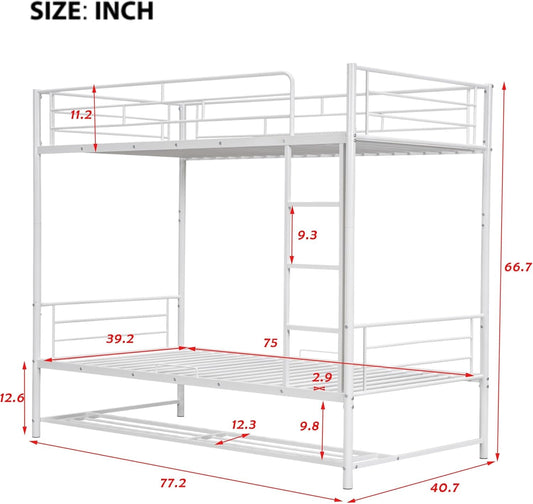 Bunk Bed Twin over Twin,Kids Bunk Bed,Metal Bunk Bed with Shelf and Guardrails,Twin Bunk Beds for Kids, Teens & Adults(White)-1