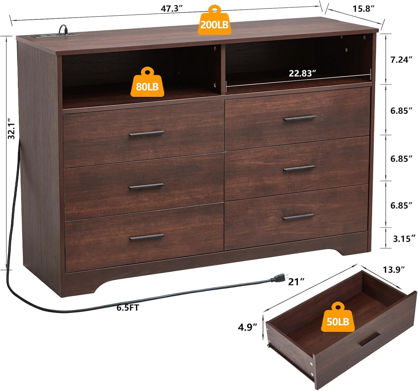 Dark Cherry Dresser for Bedroom Wooden, 6 Drawer Dressers & Chests of Drawers, Modern Wood Tall Dresser, 48 Inches Wide Chest of Drawers for Bedroom, Hallway, Living Room-1