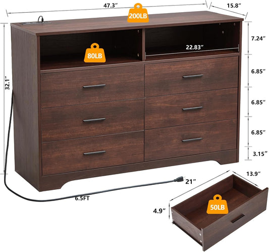 Dark Cherry Dresser for Bedroom Wooden, 6 Drawer Dressers & Chests of Drawers, Modern Wood Tall Dresser, 48 Inches Wide Chest of Drawers for Bedroom, Hallway, Living Room-1