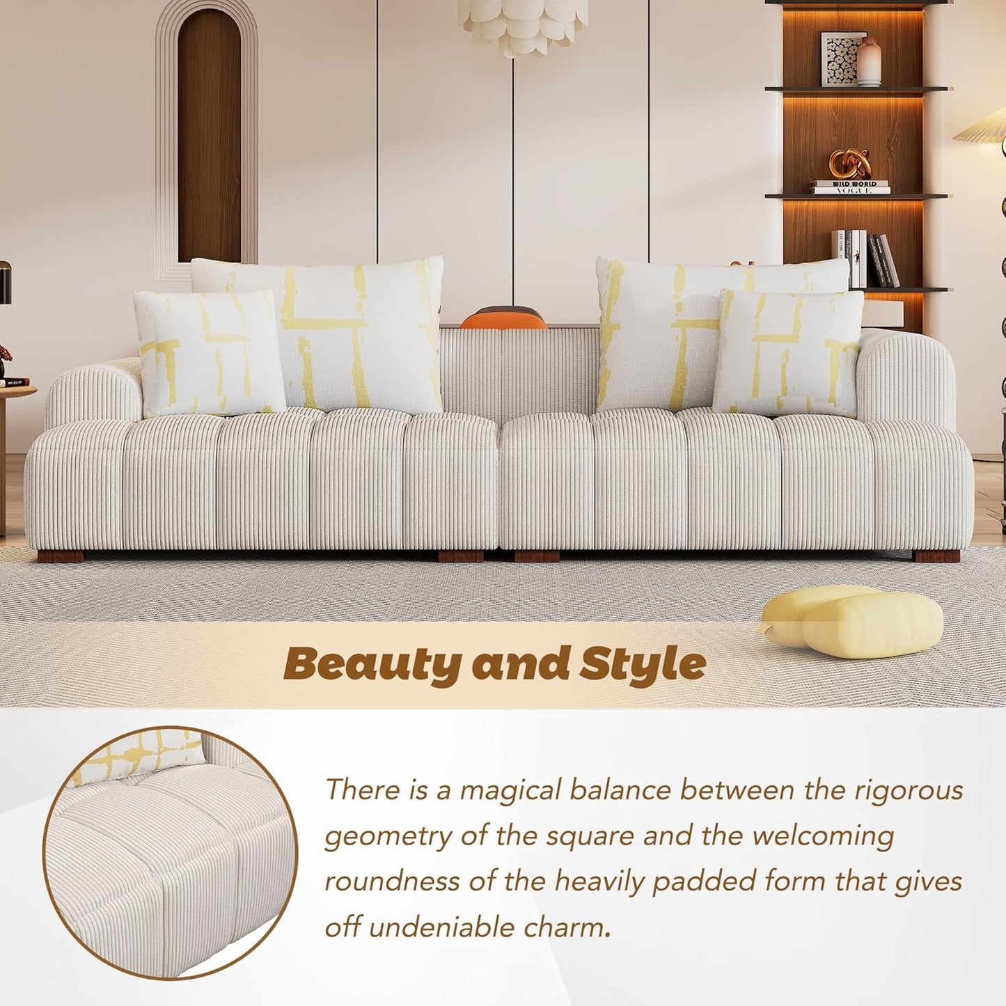 103.9" Living Room Sofa Set, Modern Couch Corduroy Fabric Comfy Sofa with Rubber Wood Legs, 4 Pillows for Living Room/Bedroom/Office, Beige-4