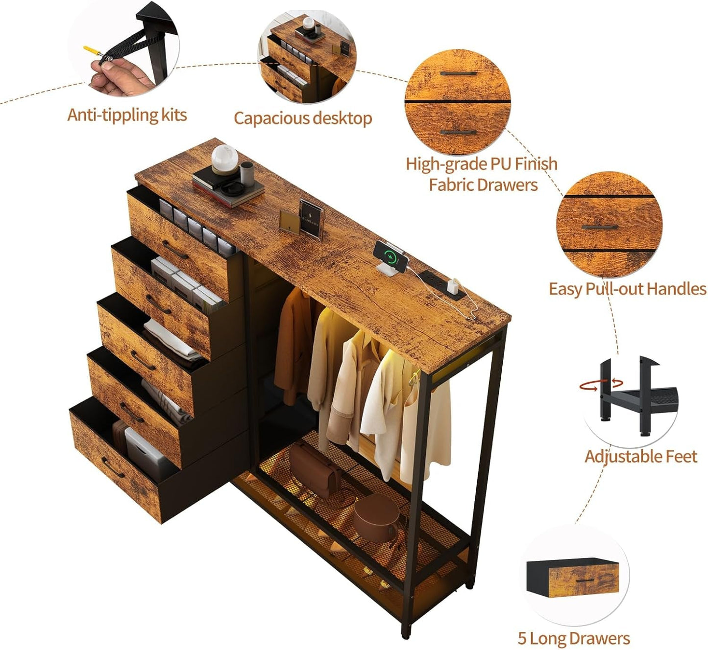 Dresser for Bedroom, Dresser with Hanging Rack Led Lights and Charging Station, Bedroom Dresser with 5 Fabric Chest of Drawers with PU Finish Storage Organizer, for Living Room Kids Room Closet, Brown-4