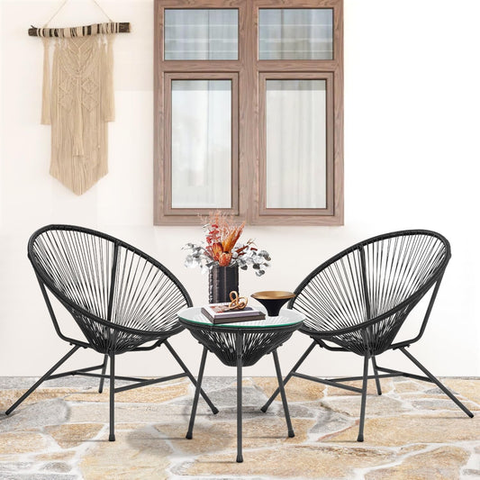 Acapulco Patio Bistro Set 3-Piece Outdoor Furniture Set All-Weather Woven Rope Patio Conversation Set with Glass Top Table and 2 Chairs (Black)-1