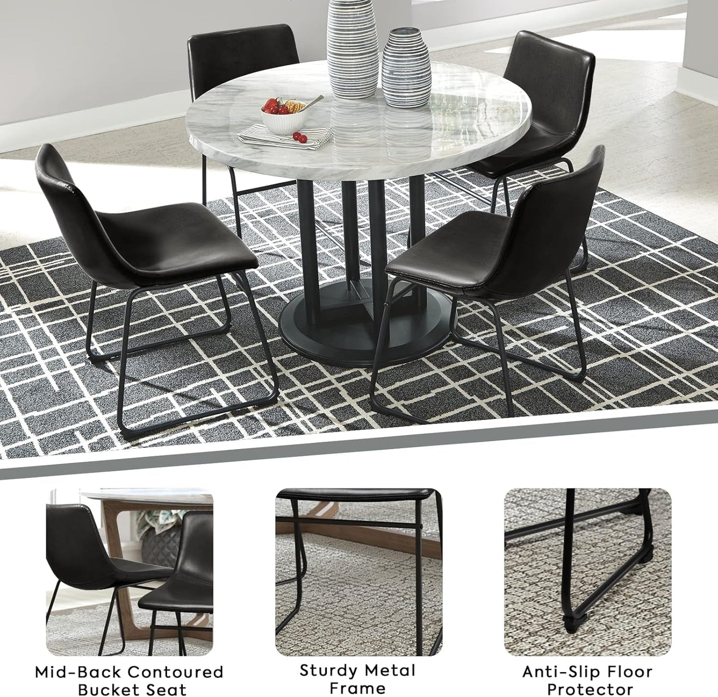 Faux Leather Dining Chairs Set of 4, 18 Inch Kitchen & Dining Room Chair, Mid Century Modern Dining Chairs with Backrest and Metal Legs (Black)-3