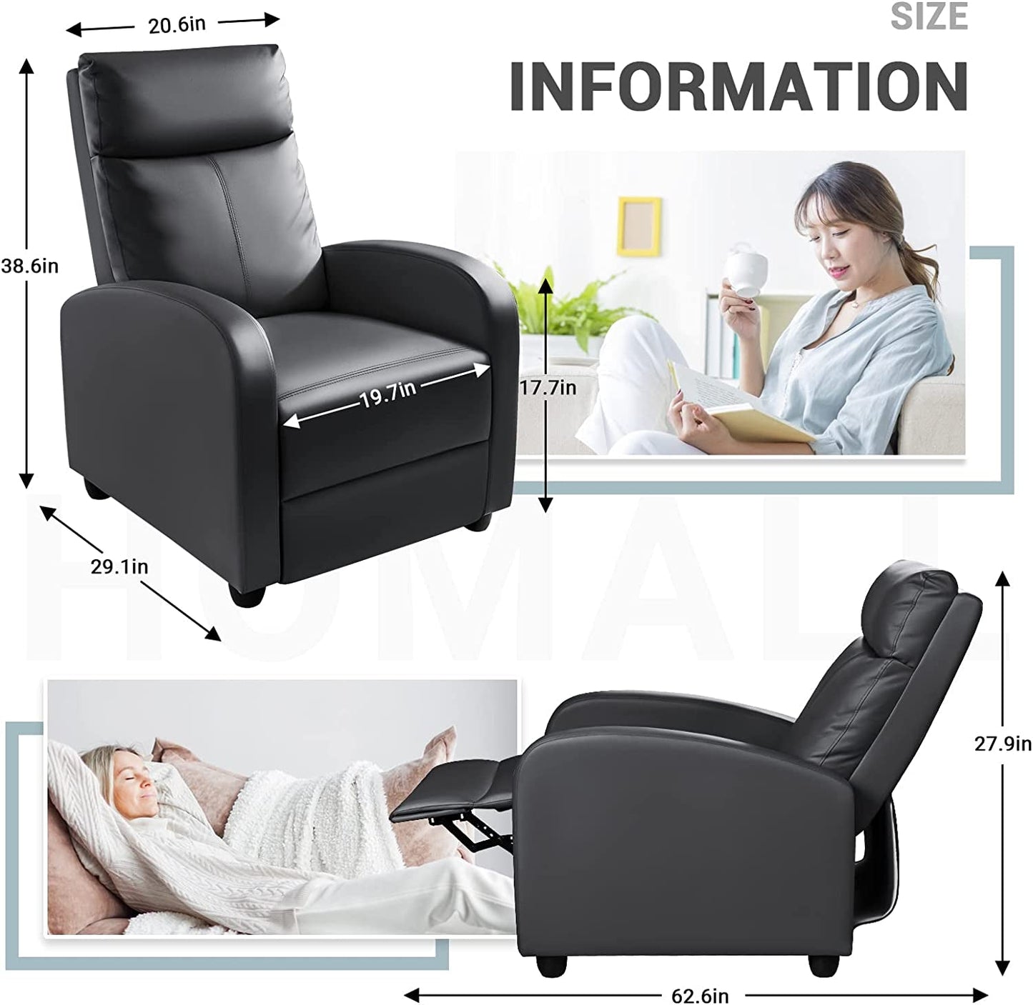 Recliner Chair, Recliner Sofa for Adults, Recliners Home Theater Seating with Lumbar Support, Reclining Sofa Chair for Living Room (Leather, Dark Black)-2