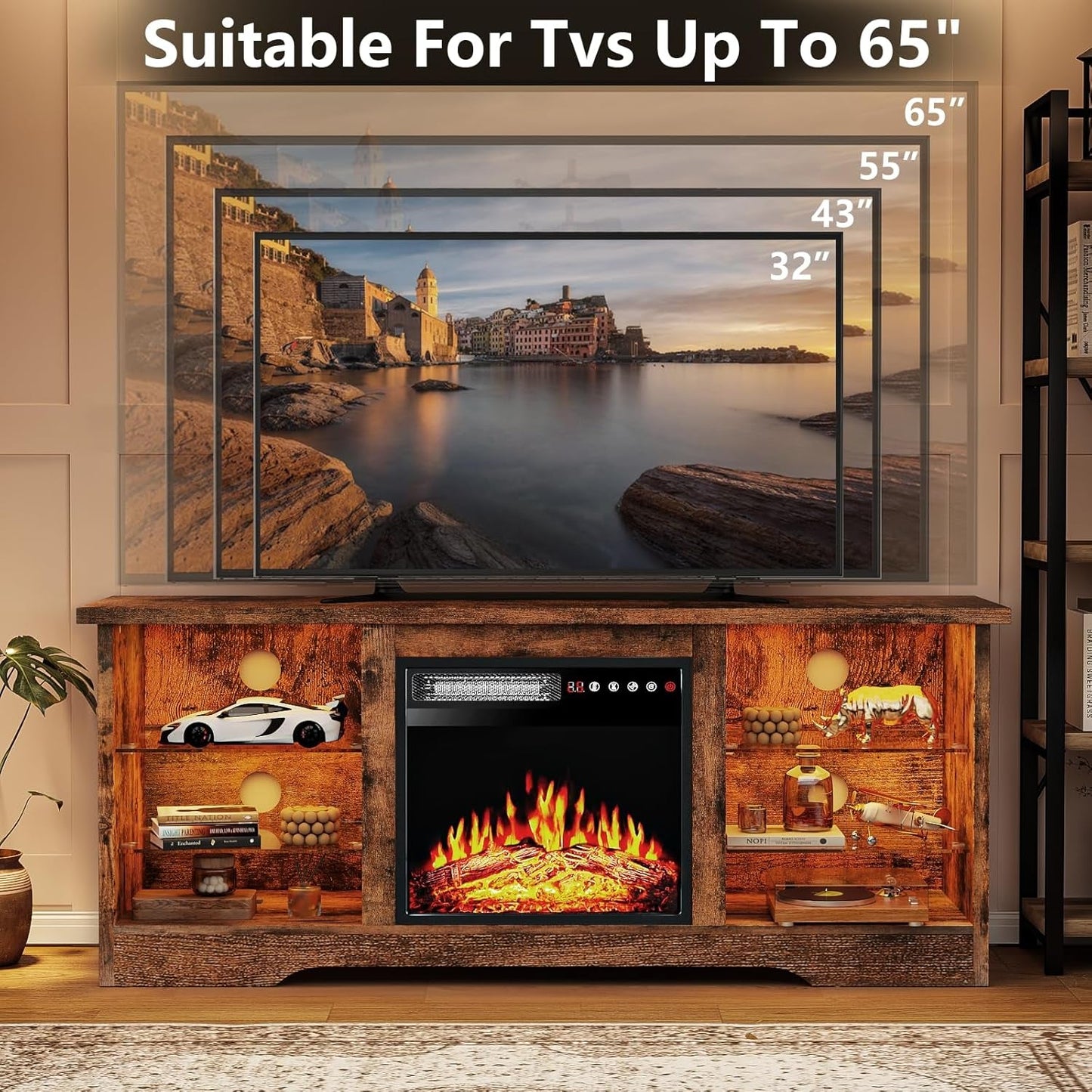 Fireplace TV Stand with 18''Fireplace, Modern Entertainment Center for Tvs up to 65 Inch, Media TV Console with Adjustable Glass Shelves and Storage Cabinets(Brown)-4