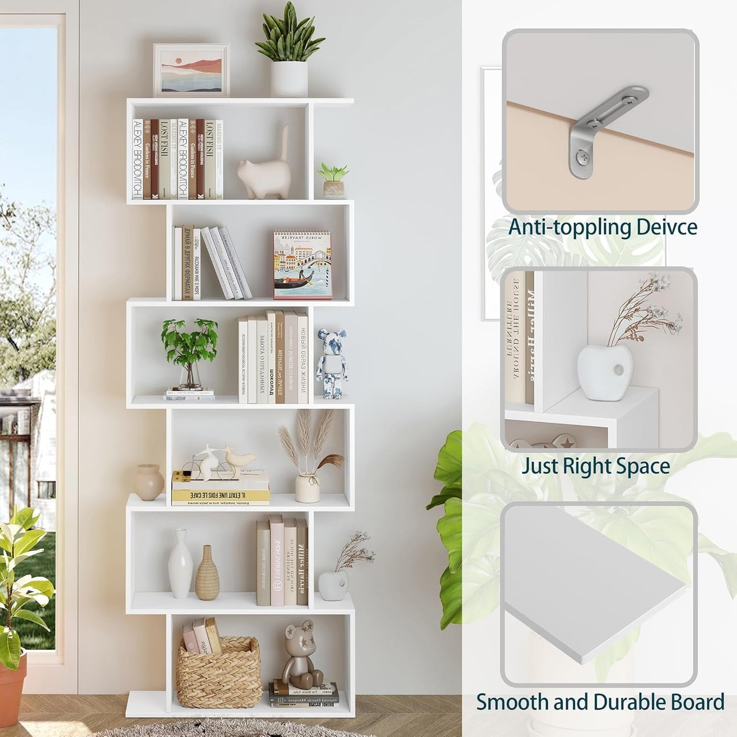 S Shaped Bookshelf, Modern Geometric Bookcase, 6-Tier White Display Case Book Shelf-4