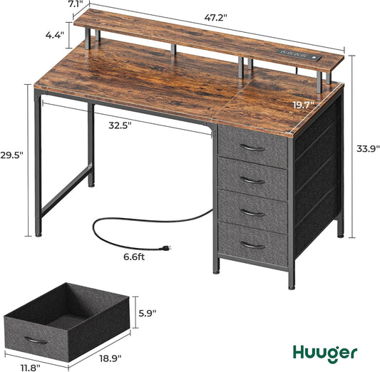 47 Inch Computer Desk with Power Outlets and LED Lights, Gaming Desk with 4 Drawers, Office Desk with Monitor Stand, Study Desk Work Desk for Home Office, Small Spaces, Rustic Brown-1