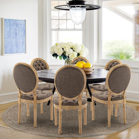 PU Leather Upholstered Dining Chairs Set of 6 French Country round Back Kitchen Side Chairs with Nailhead Trim and Wood Legs for Dining Room, Kitchen, Restaurant(Brown)-1