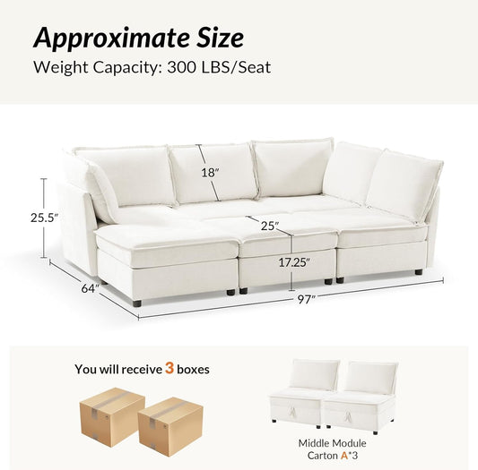 127'' Modular Sectional Sofa, Oversized U Shaped Couch with Storage Ottoman, Extra Deep Seat, Modern Comfy Chenille Sofa with Chaise, 6 Seat Convertible Couches for Living Room, White-1