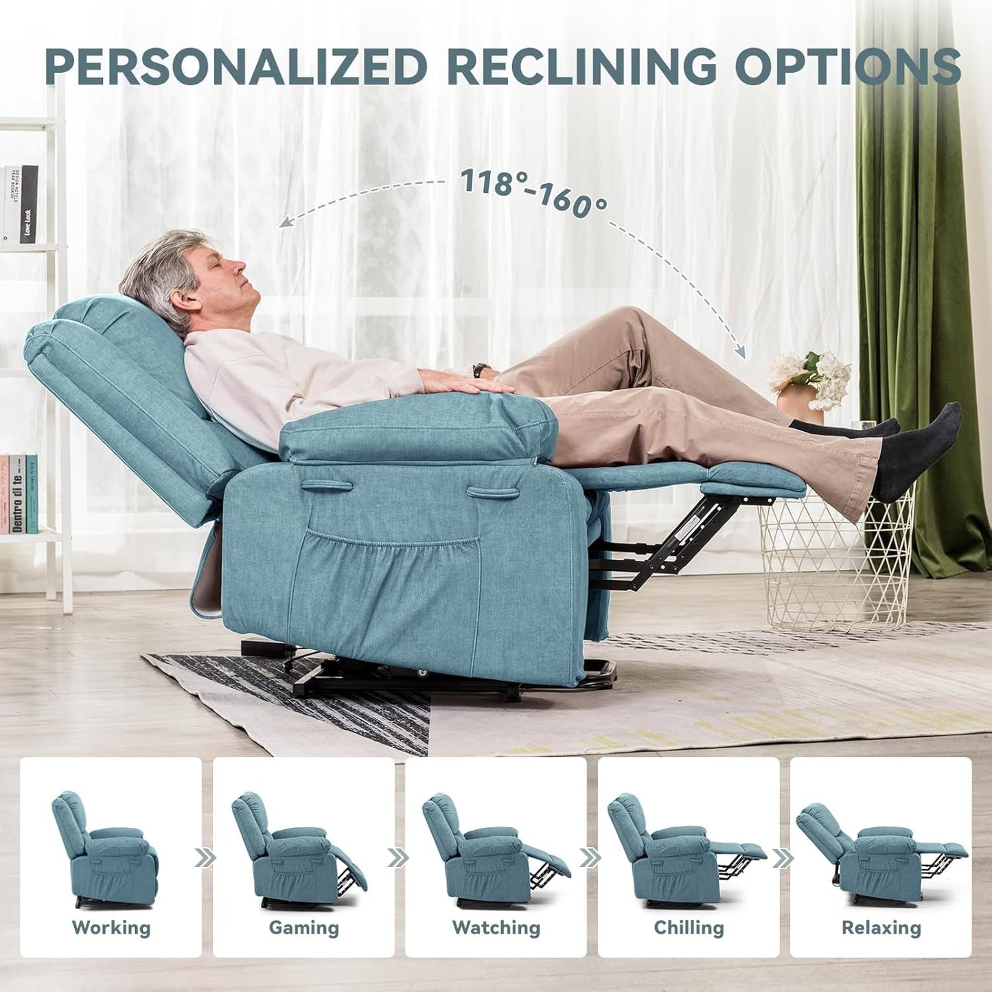 Electric Power Lift Chairs Recliners for Elderly,Recliner Chair with Massage and Heat,2 Side Pockets, Fabric(Blue)-4