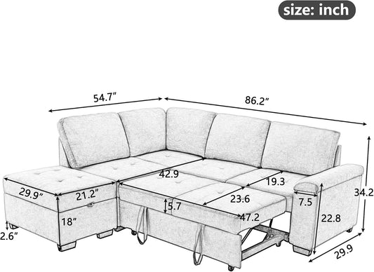 87.5" L-Shape Sleeper Sectional Sofa Bed with Storage Ottoman & Hidden Arm Storage, Sectional Corner Couch Sofa-Bed for Living Room Apartment-1