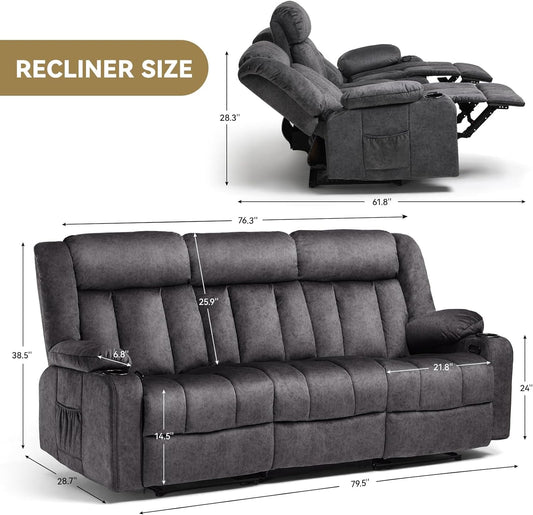 Manual Recliner Chair Set,Fabric Reclining Sofa Chair with Cup Holders, Upholstered Recliner with Side Pockets Suitable for Living Room Furniture (3+2+1)-1