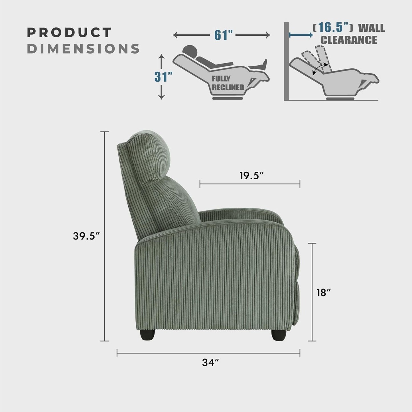 Pushback Recliner Chair Armchair Push Back Recliner, Corduroy Chair with Solid Wood Frame and Metal Seat Base, Single Sofa Accent Chair for Living Room/Office/Apartment, Green-3
