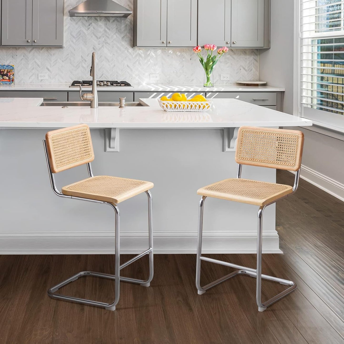 Rattan Bar Stools Set of 4, 24 Inch Modern Counter Stools with Cane Back, Low Back Barstools with Cane Seat, Counter Height Chairs with Metal Legs for Kitchen Island, Yellow-2
