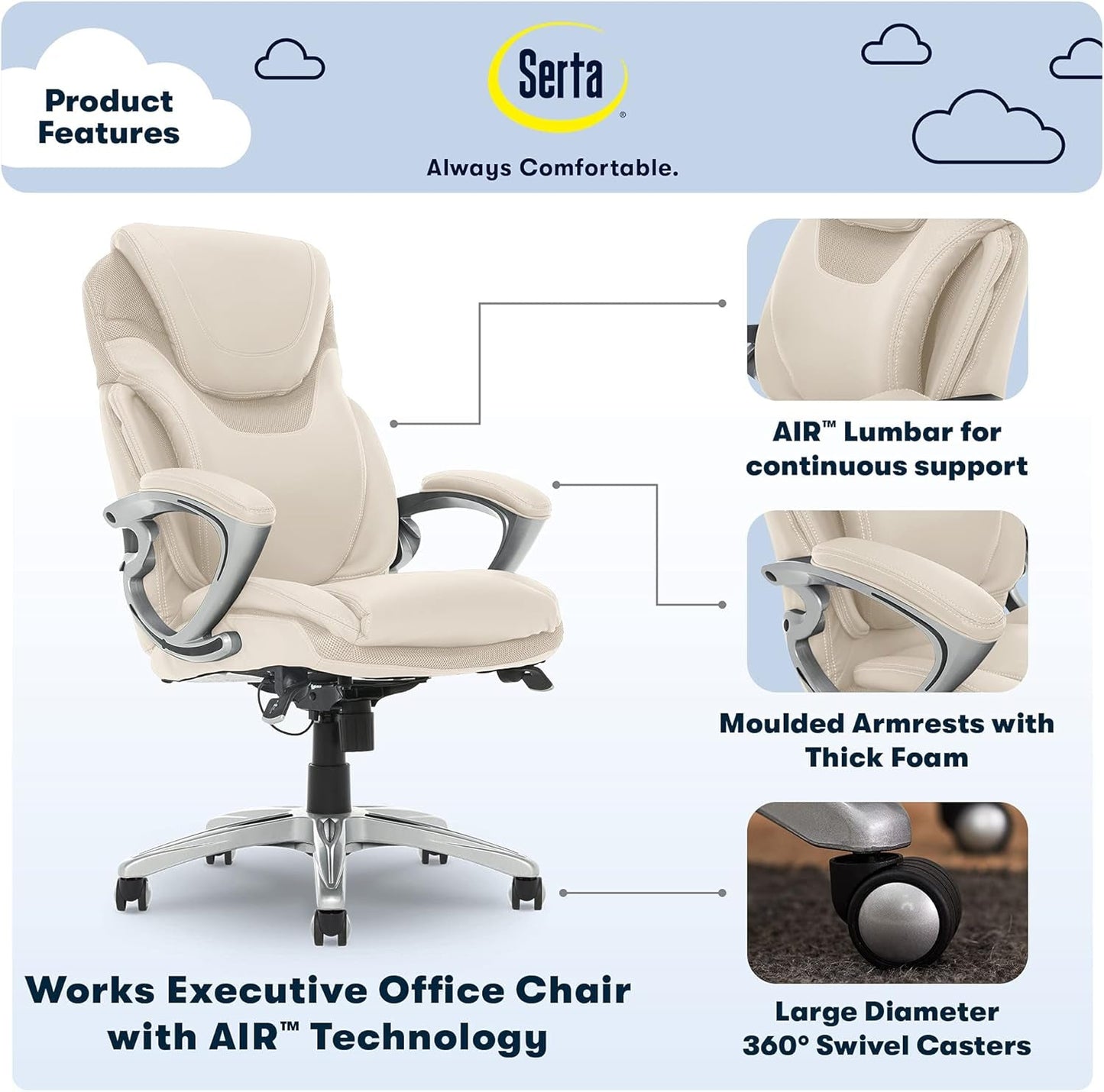 Bryce Executive Office Chair, Ergonomic Computer Deskchair with Patented AIR Lumbar Technology, Comfortable Layered Body Pillows for Cushioning, quality Foam, Bonded Leather, Cream White-3