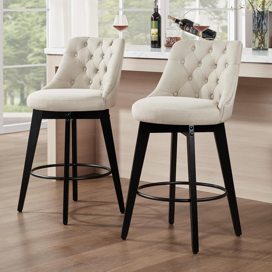 Bar Stools Set of 2, Swivel Barstools with Backs and Wood Legs, 27" Linen Fabric Upholstered Bar Chairs for Kitchen Island, Dining, Cafe, Pub(Linen)-1