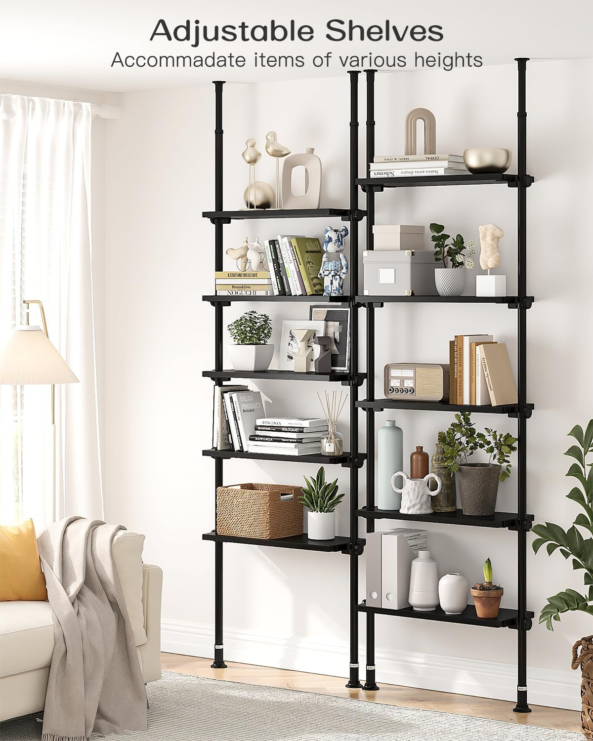 5 Tiers Narrow Bookshelf, Tall Adjustable Ladder Book Shelf with Open Storage, Floor to Ceiling Tension Mount, Wooden Industrial Bookcase for Living Room, 92 to 116 Inch, Black-2