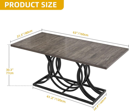 63 Inch Dining Room Table for 4-6 People Rustic Kitchen Table Rectangle Dinner Table with Grey Wooden Tabletop and Black Leg for Home Dining Room Kitchen Apartment Restaurant, Grey-1