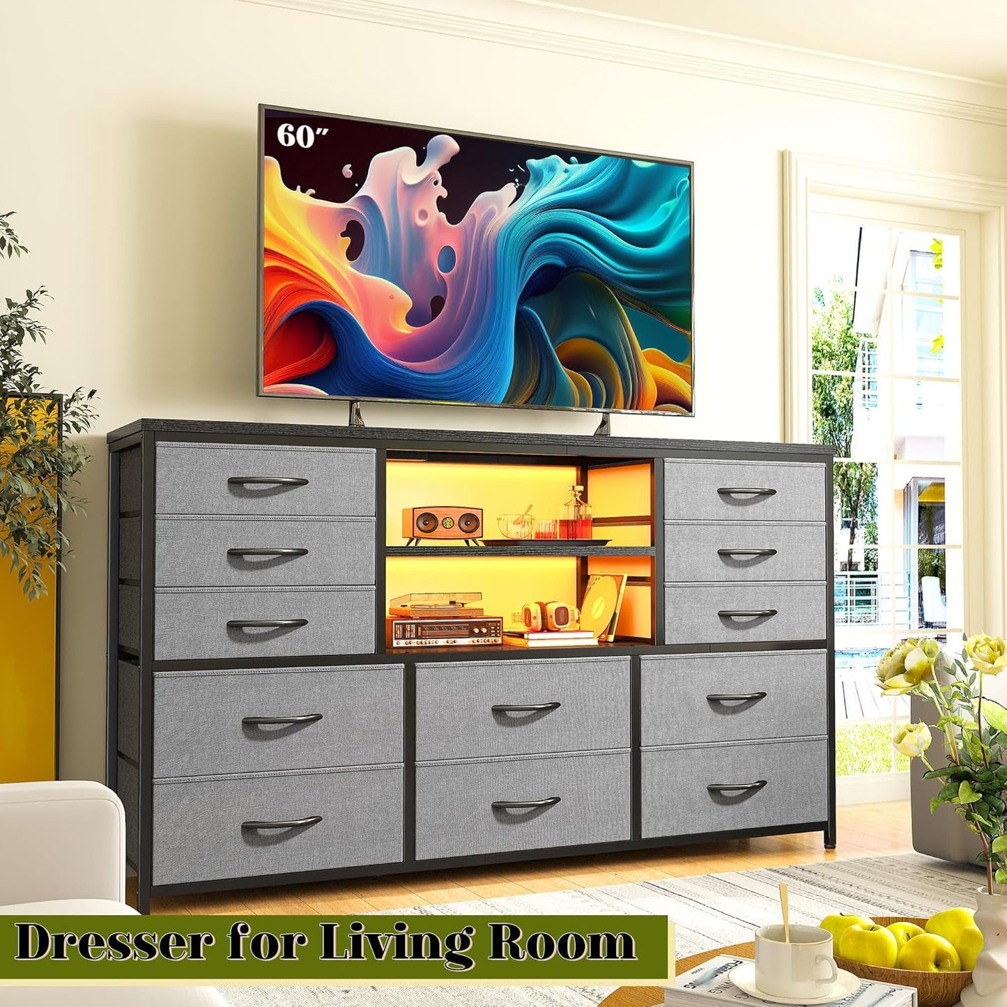 12 Drawer Long Dresser LED Lights Power Outlet-3